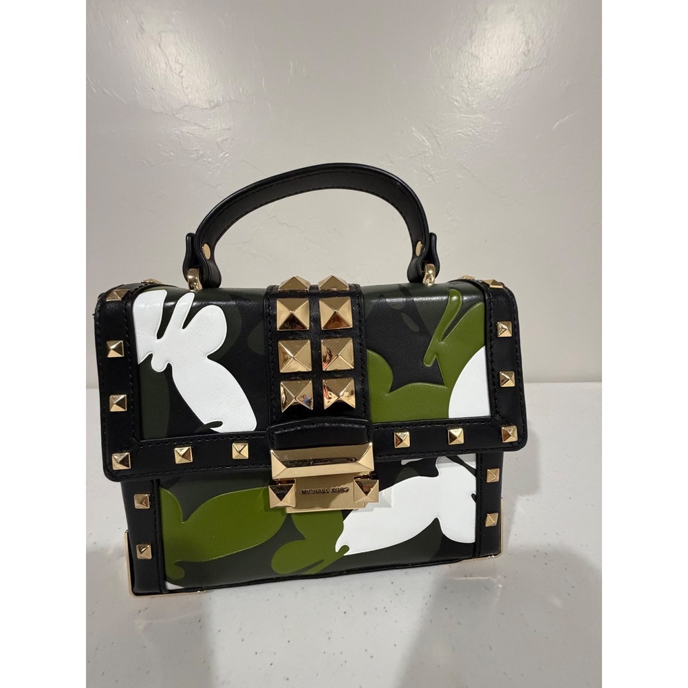 Michael Kors Sloan Editor Camo Studded Crossbody Bag Green Black Gold Satchel